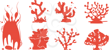 Sea aquarium coral silhouettes vector set. Silhouette red coral reef, marine undersea group of corals illustration
