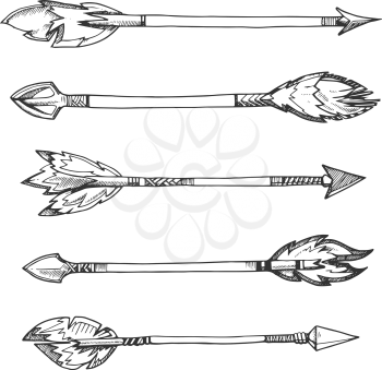 Tribal indian arrows. Vector hand drawn decorative elements in boho style. Weapon american aztec, arrow with feather, hipster elements arrows illustration