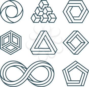 Impossible shapes thin line minimal vector icons set. Linear impossible figure for logo or emblem. Illustration of figure hexagon and round