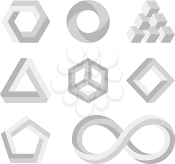 Paradox impossible shapes, 3d twisted objects, vector math symbols. Visual impossible style, illustration of geometry impossible loop for logo