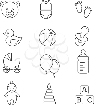 Baby toys and care vector thin line icons. Newborn and bottle of milk illustration