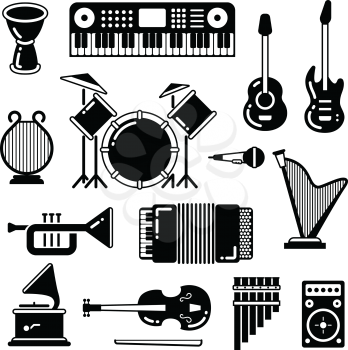 Classic music instruments, silhouettes vector icons. Instrument classical black white style. Illustration of guitar, piano and drum
