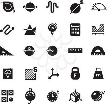 Measuring of dimension, weight, rialto, quantity, height, length vector icons. Measurement area and time illustration