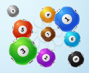Lottery balls, sports lotto game vector concept. Color balls with numbers for lottery, illustration of lottery game sphere
