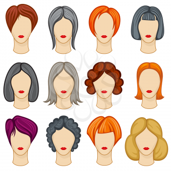 Womens cartoon hair vector hairstyles collection. Fashion haircut, hairdo trendy design illustration