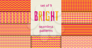 Bright orange and pink waves and scales seamless patterns. Set of wallpaper geometry, vector illustration