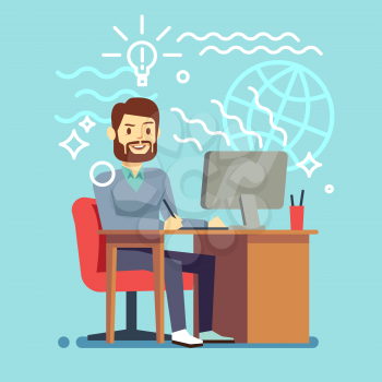 Young designer man working at computer. vector creative process concept. Workplace of freelancer or employee illustration