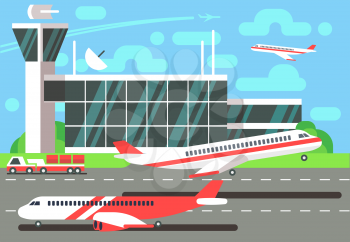 Airport flat vector illustration. Departure plane, travel and air trip