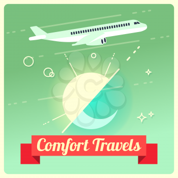 Vector travel concept with passenger airplane. Banner with aircraft flight illustration