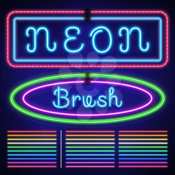 Vintage neon electric stroke custom pattern brushes, casino and xmas light border vector set. Neon line for casino, luminous neon stroke illustration