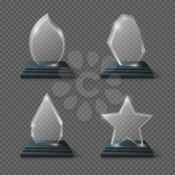 Realistic crystal trophy, glass awards vector set. Glass trophy transparency plate, panel of glass form star illustration