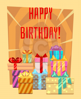 Happy birthday greeting card with a heap of gift boxes. Many gift surprise in package, vector illustration