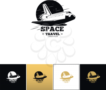Shuttle logo or space travel vector icon. Shuttle logo or space travel program on black, white and gold background