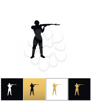 Army soldier silhouette vector icon. Army soldier silhouette pictograph on black, white and gold background