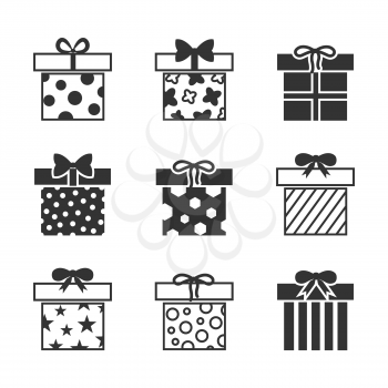 Gift boxes vector icons set in black and white color. Monochrome box for birthday illustration