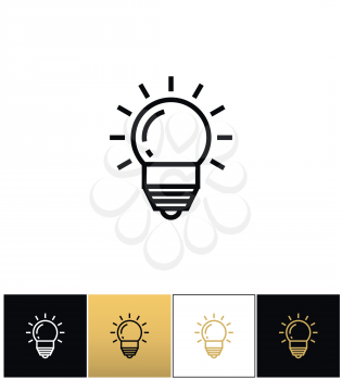 Lightbulb or innovation and idea vector icon. Lightbulb or innovation and idea pictograph on black, white and gold background