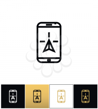 Phone navigation or travel mobile gps geolocation vector icon. Phone navigation or travel mobile gps geolocation pictograph on black, white and gold background