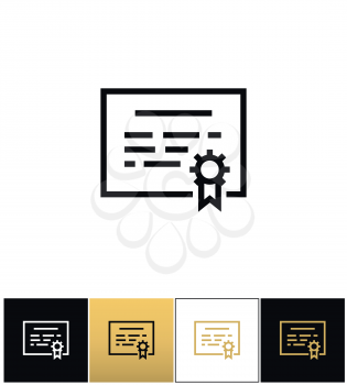 Security certificate or seal document vector icon. Security certificate or seal document pictograph on black, white and gold backgrounds