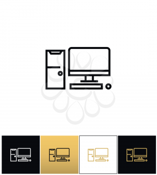 Computer desktop sign or PC vector icons on black, white and gold backgrounds