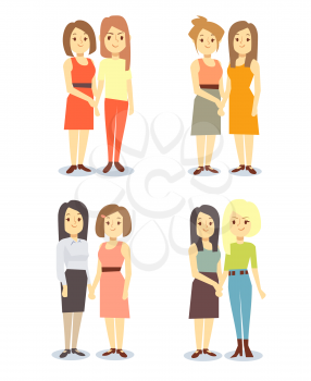 Set of happy gay LGBT women pairs. Lesbian love and relationship, vector illustration