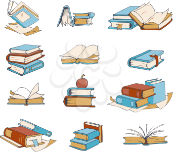 Doodle books, hand drawn novel, encyclopedia, story, dictionary vector icons. Book literature to school, set of books for reading and education illustration