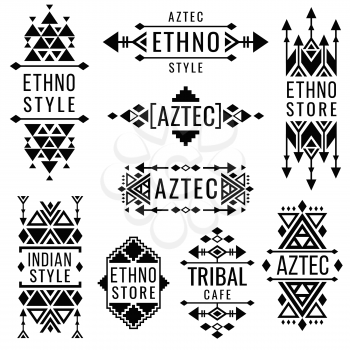 Tribal old mexican vector ornaments, indian nativity traditional logo. Geometric badge in mexican or indian style for ethno store, illustration of design mexican