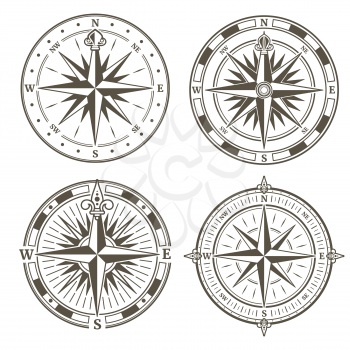 Vintage nautical compass signs vector set, retro direction symbols. Collection of vintage compass, illustration of compass silhouette with wind rose