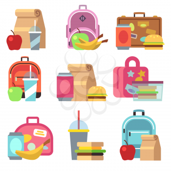 School lunch food boxes and kids bags vector flat icons. Lunch box fot lunchtime, breakfast sandwich and drink in lunchbox illustration