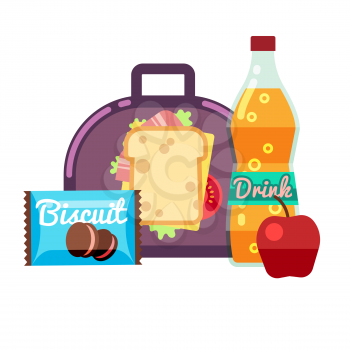 Kids lunch box, bag with snacks, meal and beverages vector stock. Lunchbox sandwich, drink with apple fruit, lunch for school illustration