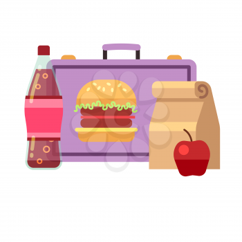 Healthy school lunch, student breakfast, school lunch box vector stock. Lunch for school, lunchbox sandwich drink and apple illustration