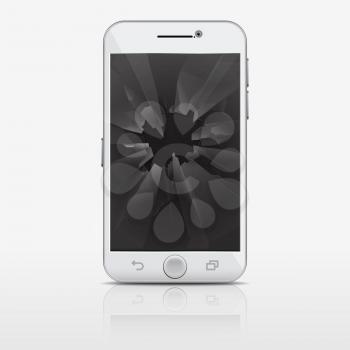 Broken glass screen of phone, smartphone vector illustration. Mobile phone with broken glasss, broken smart phone