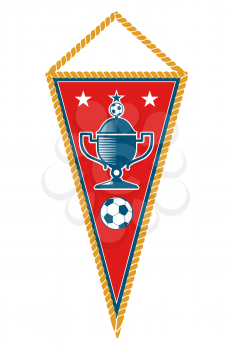 Red triangle soccer pennant with ball and cup isolated on white background