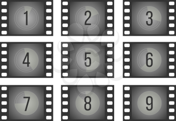 Old cinema film countdown movie frames with numbers vector set. Reverse the sequence count illustration