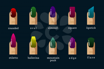 Different nail shapes and nail polish colors icons. Rounded and oval form, almond and square, vector illustration