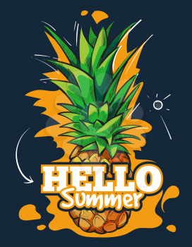 Hello summer vector fruit background with tropical pineapple. Poster with fresh food illustration