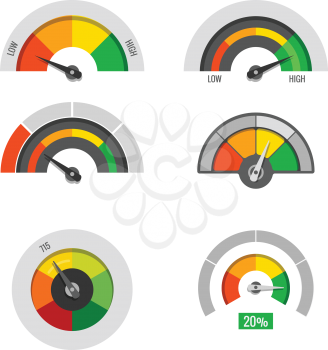 Speedometer indicators gauges low, moderate and high measurement levels vector stock. Level and rating illustration