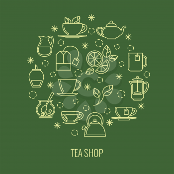 Green tea outline icons in circle design. trendy thin line logo for tea shop. Brew herbal tea, vector illustration