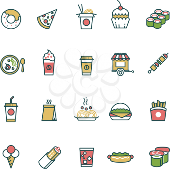 Outline fast food and chinese food vector icons with flat color elements. Pizza and burger, lunch sandwich with cake illustration