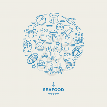 Marine animals, seafood thin line icons in circle design. Seafood restaurant modern logo. Lobster and crab, shrimp and salmon. Vector illustration