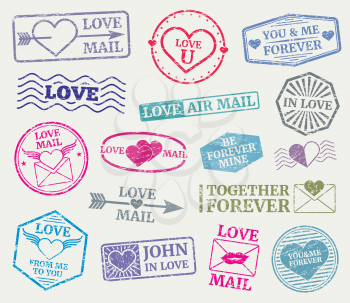 Romantic postage stamp for valentines day card, love letters. Set of rubber seal for love mail. Vector illustration