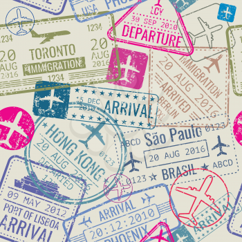 Vector seamless pattern with passport visa stamps. Background with immigration stamp and travel visa illustration