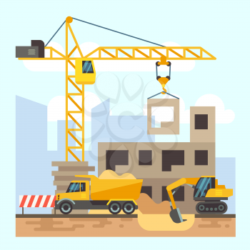 Building, house construction flat design concept with construction machines. Excavator and truck, vector illustration
