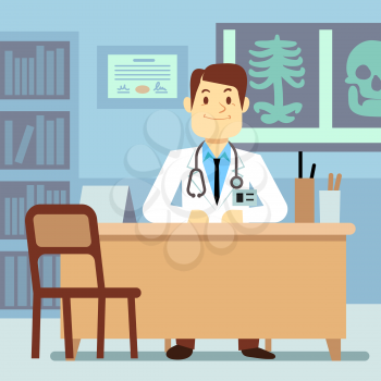 Doctor sitting at the table in medical vector healthcare concept. Character professional physician on workplace illustration