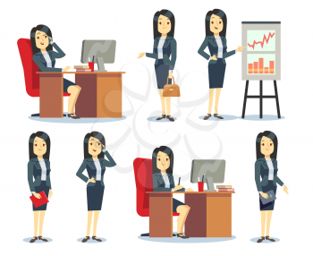 Office businesswoman in various situations vector characters cartoon flat set. Woman worker busy illustration