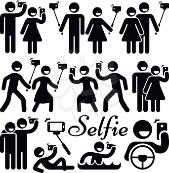 Selfie stick woman and man vector icons set. Photography with mobile phone for social media illustration