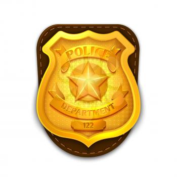 Gold realistic police, detective vector badge with shield. Icon police department illustration