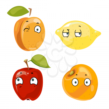 Peach lemon apple and orange faces. Happy characters, vector illustration