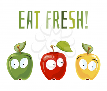 Eat fresh. Surprised apples with eyes.. Fruits with cute face, vector illustration