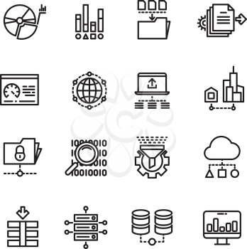 Big data cloud data technology services thin line vector icons. Database in folder, server with information illustration