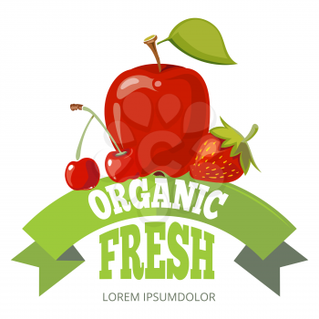 Organic fresh fruits logo, label, badge. Natural food for health life. Vector illustration